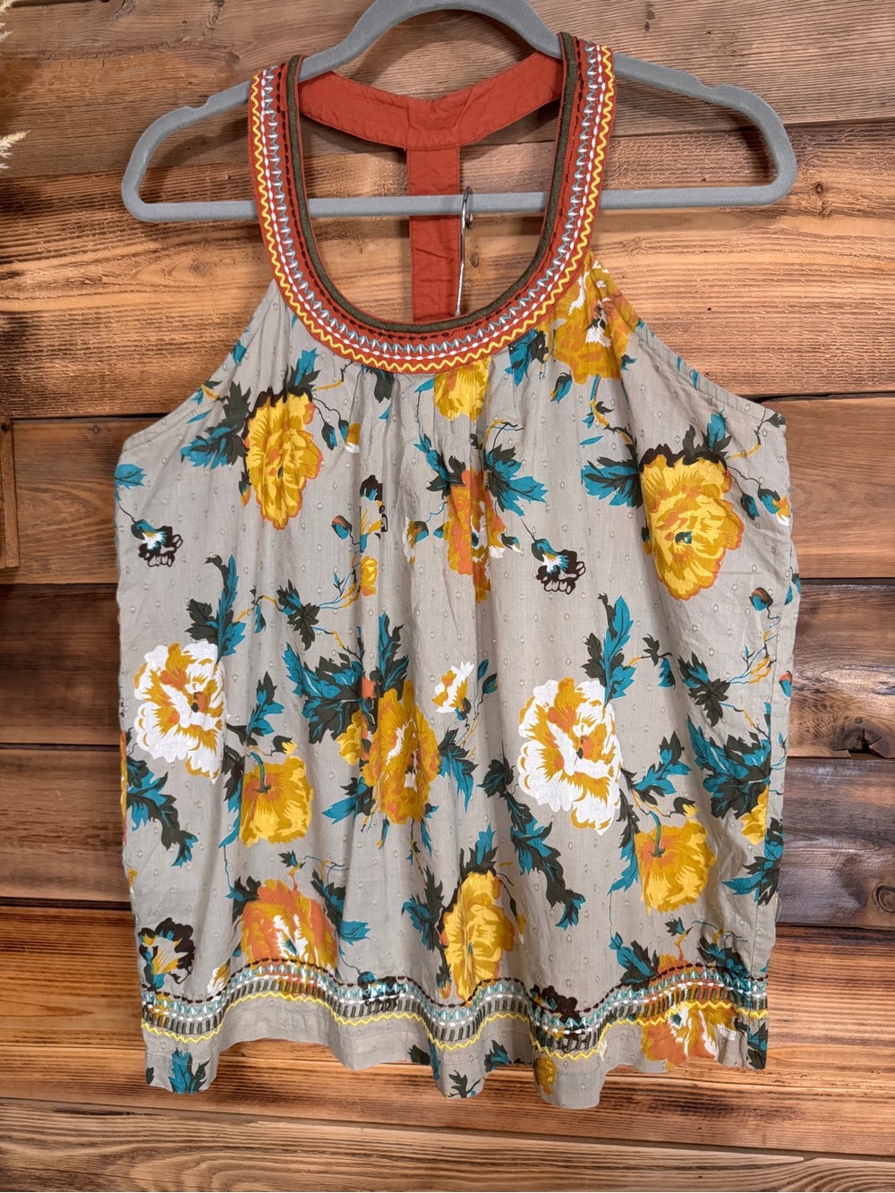 American Rags Cie Floral Embroidered Halter Top in Beige and Yellow | Size Large